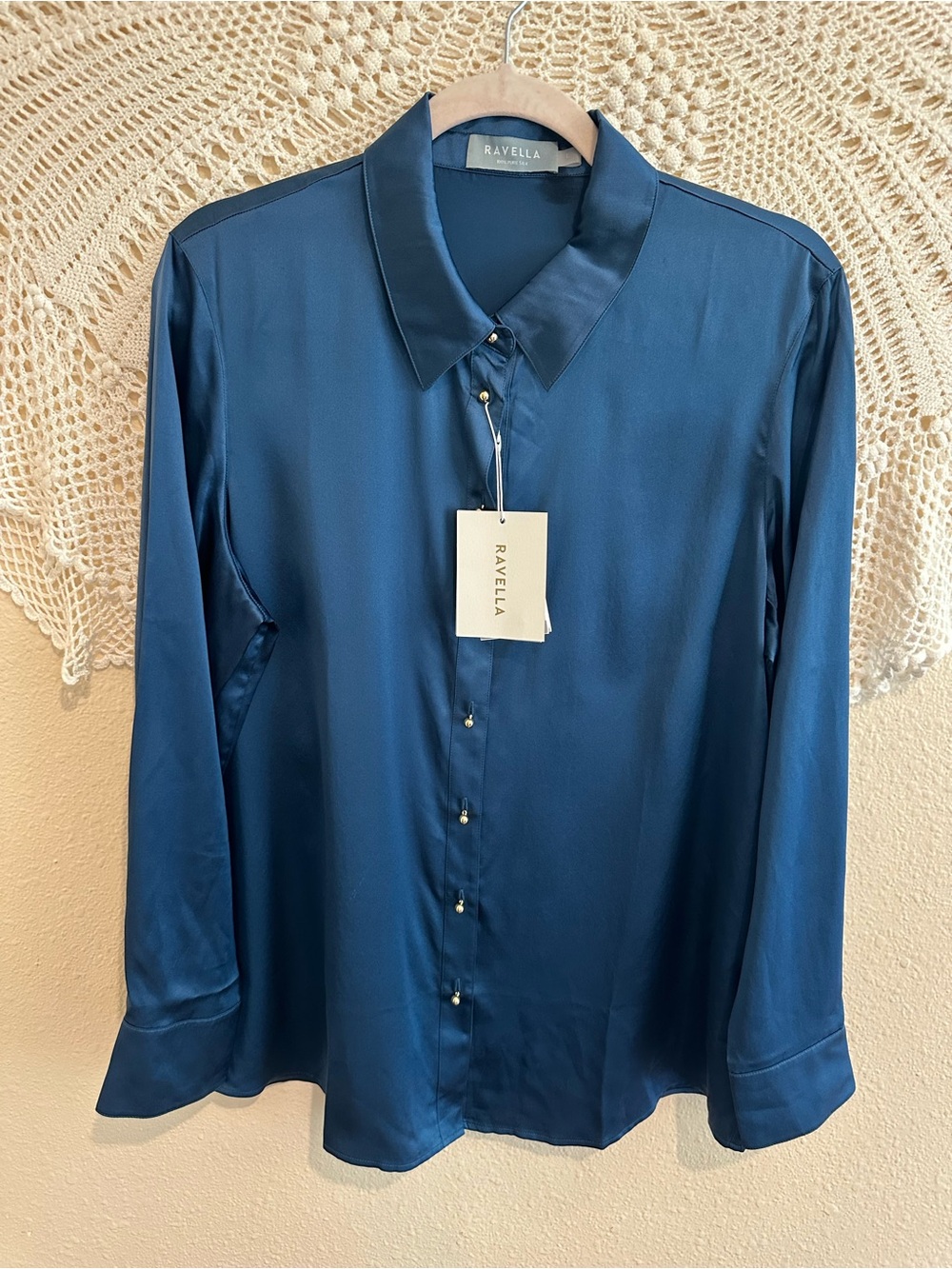 Ravella — Navy 100% Silk Button-Up Blouse